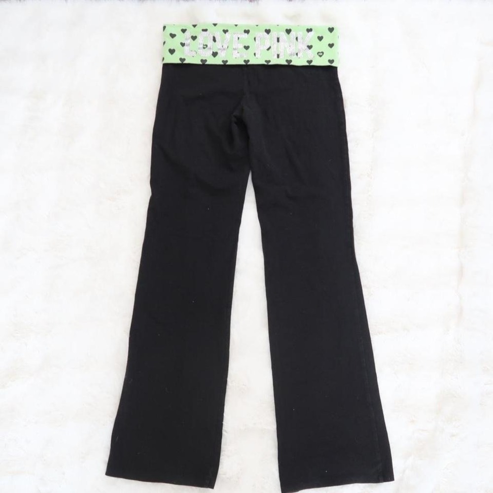 victoria's secret pink yoga fold over flare pants green hearts - Picture 5 of 8
